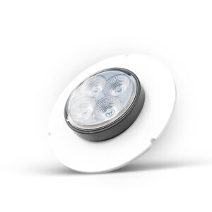 Okrągła lampa robocza LED z czterema soczewkami, wbudowana w białą płytę montażową