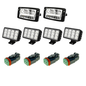 Zestaw prostokątnych lamp roboczych LED z uchwytami montażowymi i odpowiednimi złączami elektrycznymi