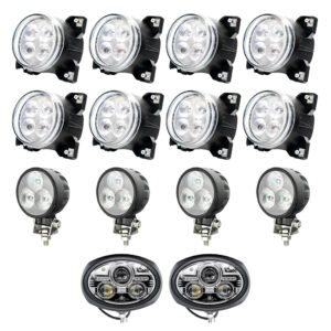 Zestaw różnych lamp roboczych LED: osiem okrągłych lamp z czterema soczewkami, cztery okrągłe lampy z trzema soczewkami oraz dwie owalne lampy z podwójną soczewką i zintegrowanymi modułami