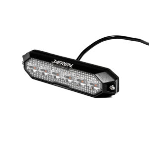 Skośny widok przedni lampy ostrzegawczej LED Jæren z sześcioma diodami w czarnej obudowie