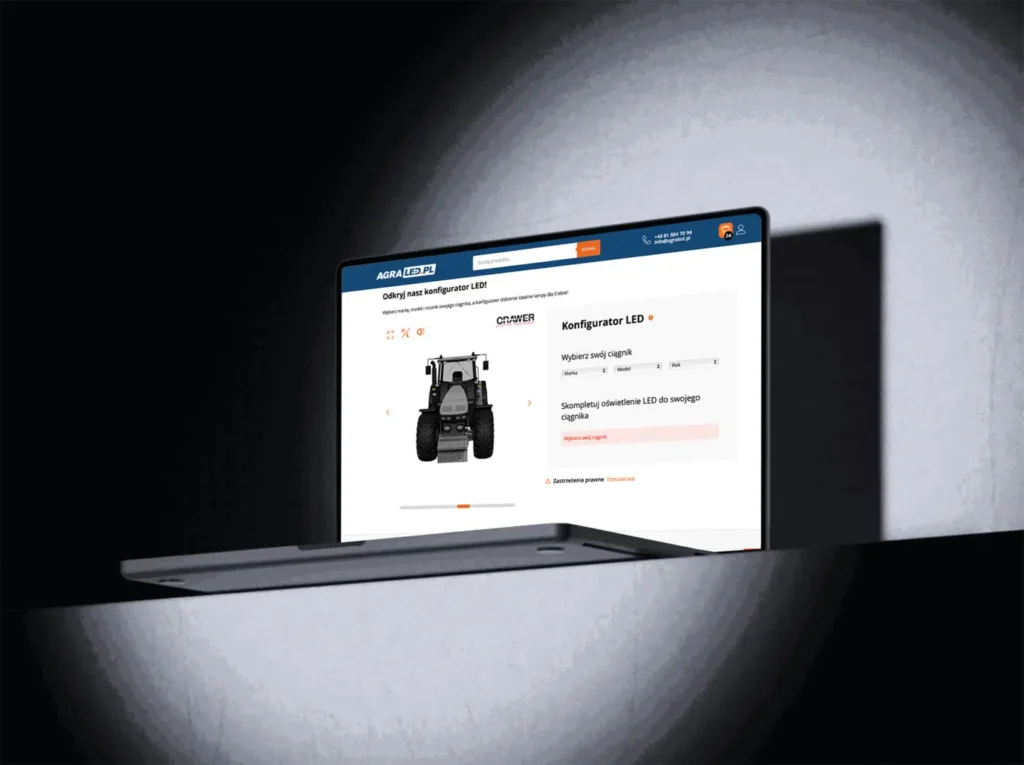 Laptop z konfigurátorem AGRARLED do świateł roboczych LED w ciągnikach